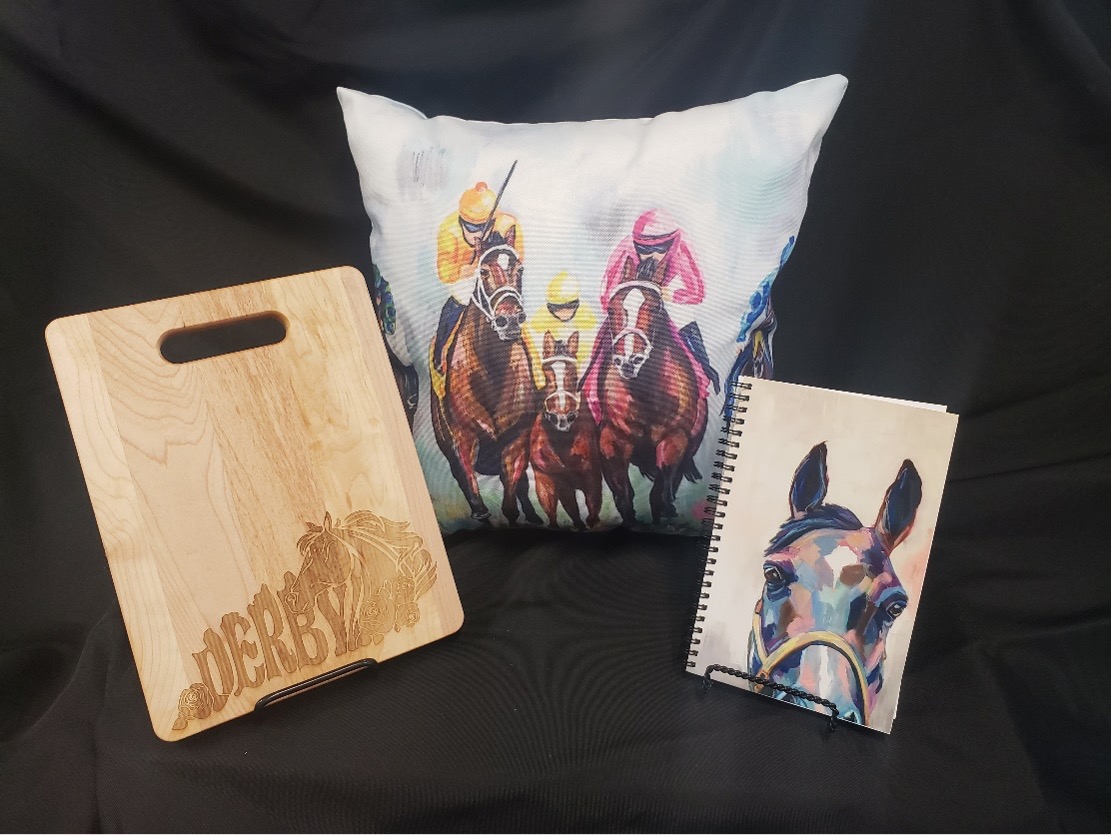 Derby Pillow, Cutting Board and Notebook
