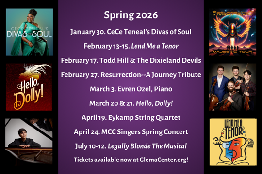 Spring 2026 schedule (listed below) with images from Divas Sould, Hello Dolly, Lend Me a Tenor