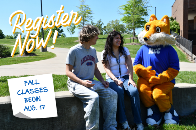 Students sitting outside with Pathfinder. Text reading: Register Now! Fall Classes begin Aug. 17.