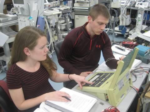 MCC BTS students Taylor Thompson and Will Conradi are pictured during a recent onsite lab class.